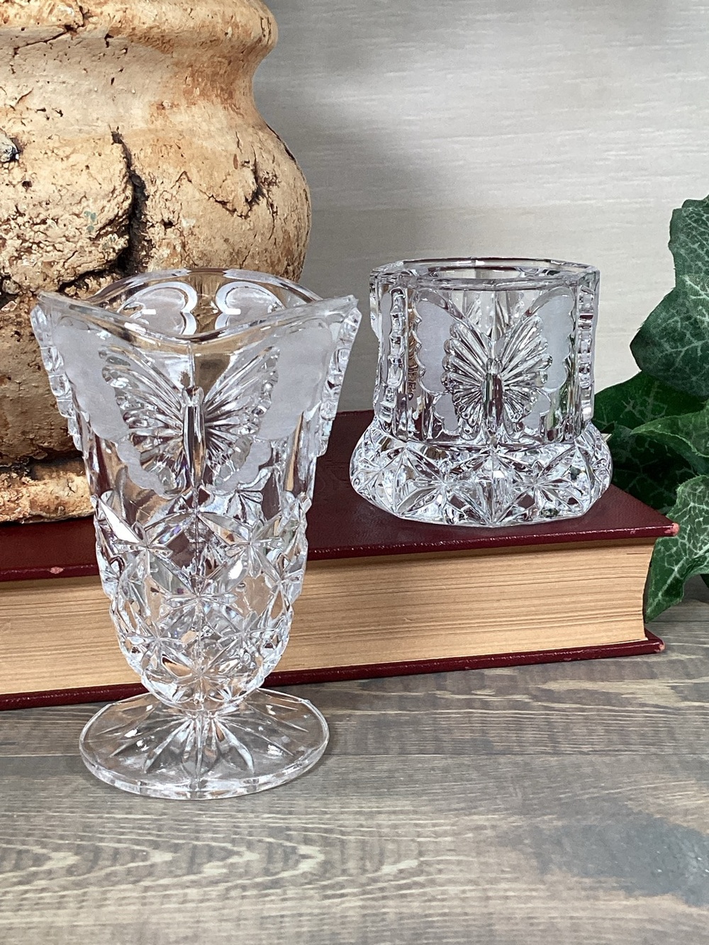 Hofbauer Crystal Bud Vase & Octagon Container Papillon Butterfly Pattern Discont